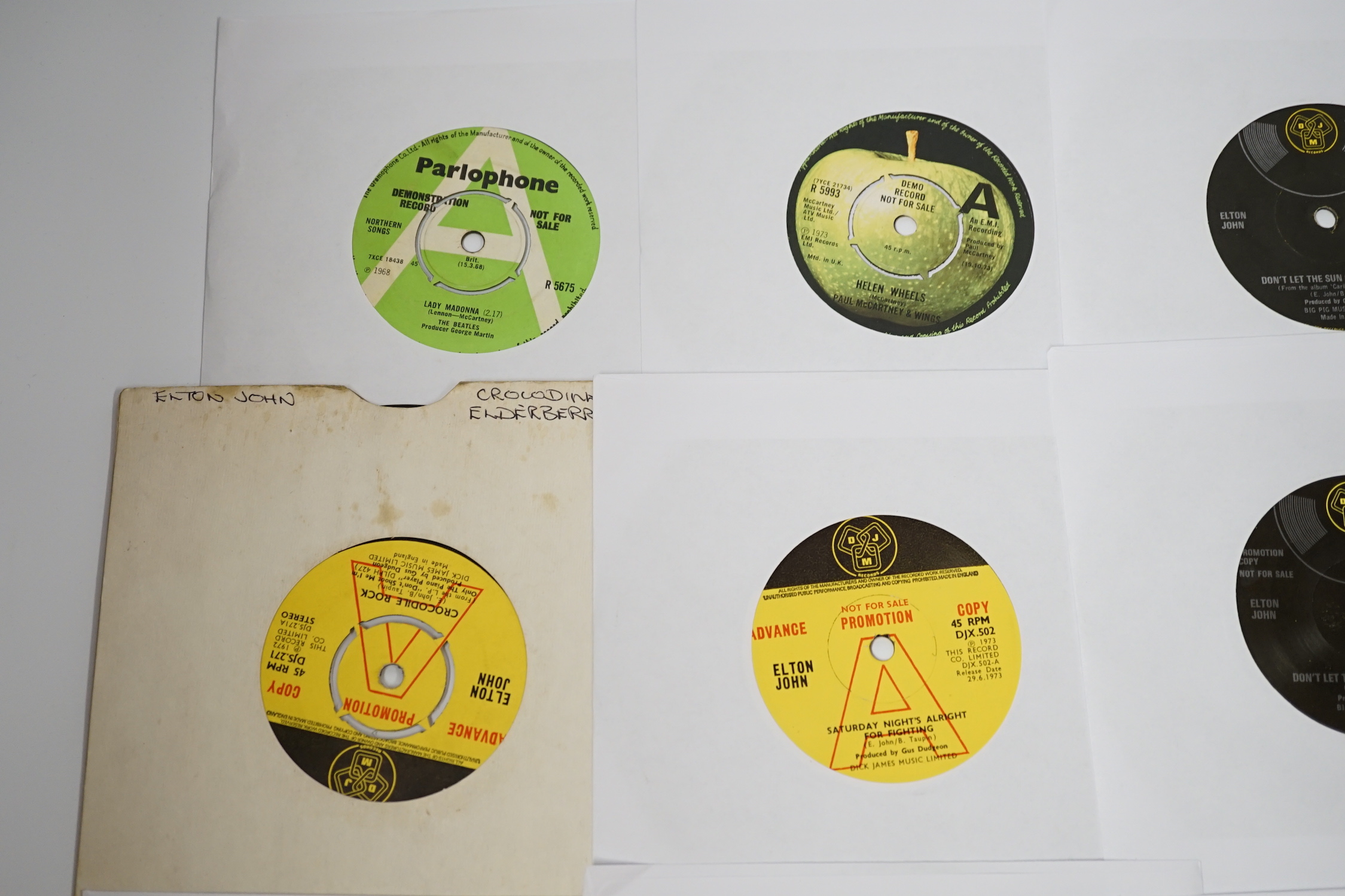 Ten demo 7” singles, all with printed demo labels by The Beatles (and related), Elton John and The Beach Boys, singles include; Lady Madonna, Don’t Let the Sun Go Down on Me, Crocodile Rock, Saturday Night’s Alright For